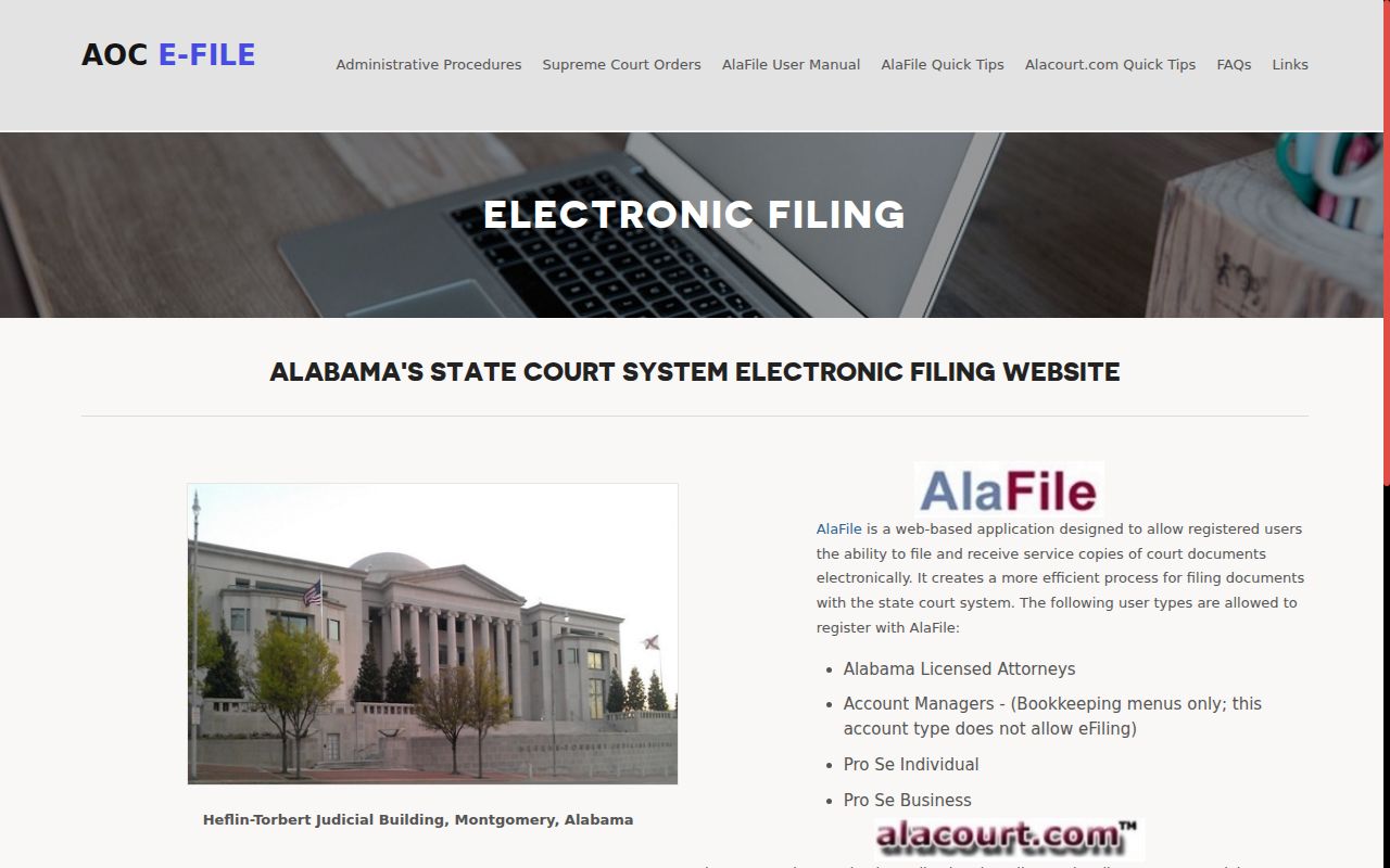 Mobile County case search technology on Alabama electronic filing page