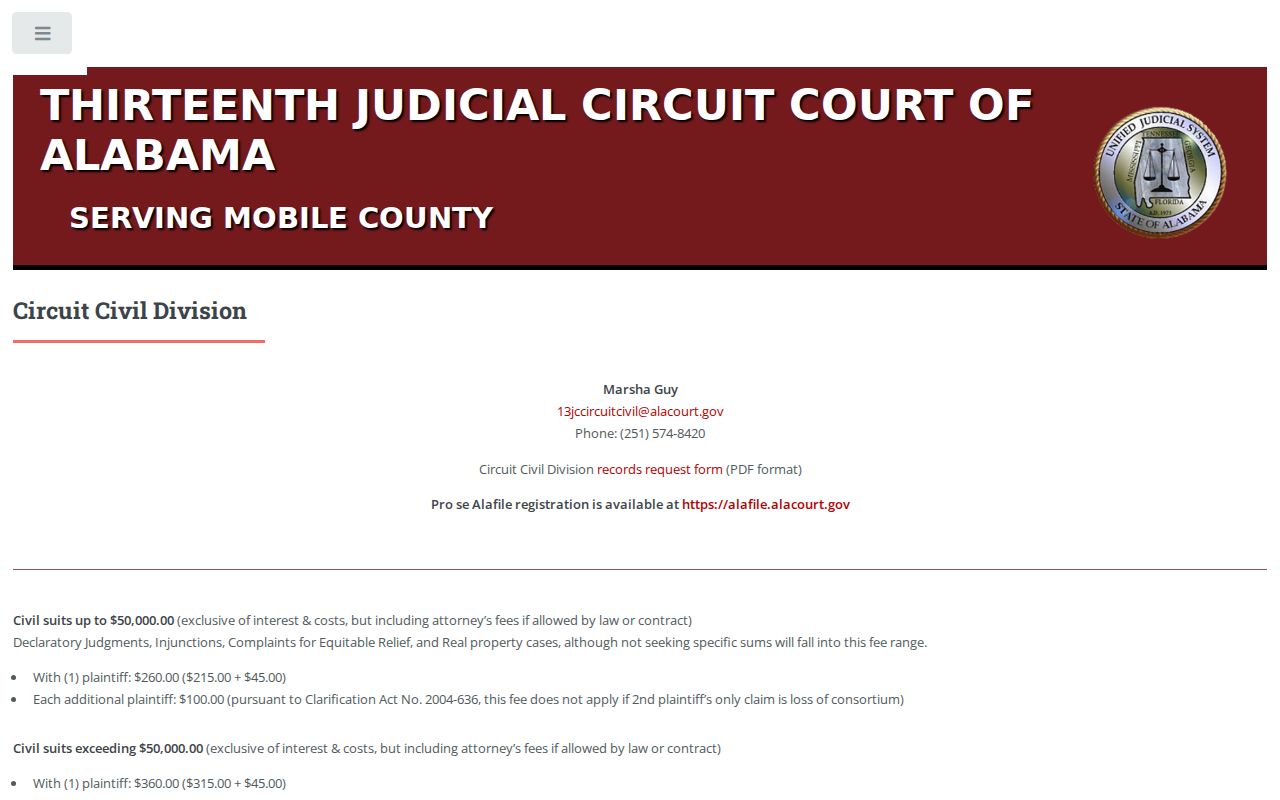 Mobile County civil docket Circuit Civil clerk office