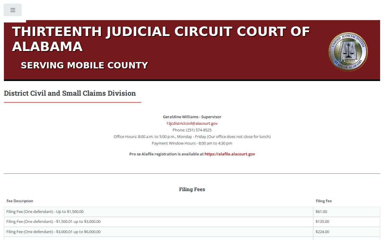 Mobile County civil docket District Civil and Small Claims counter