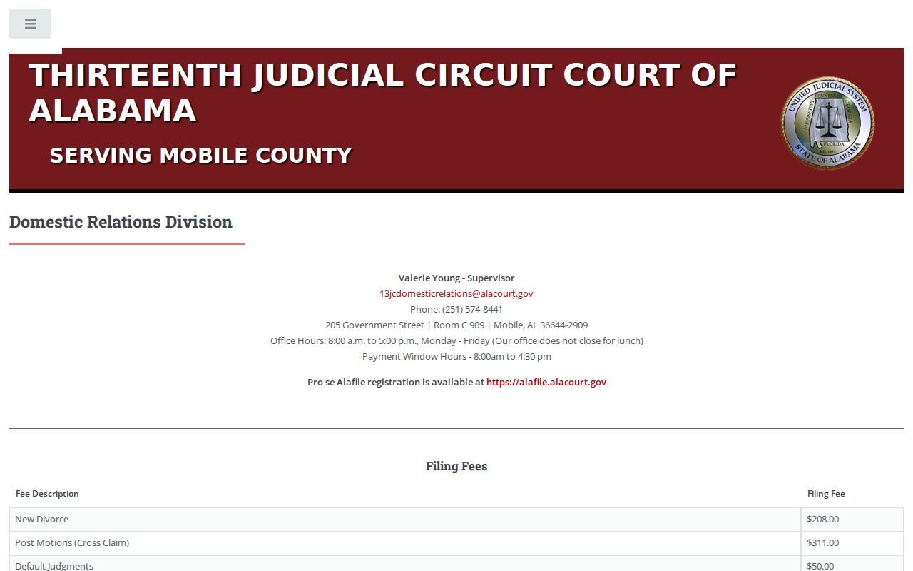 Mobile County civil docket Domestic Relations clerk office