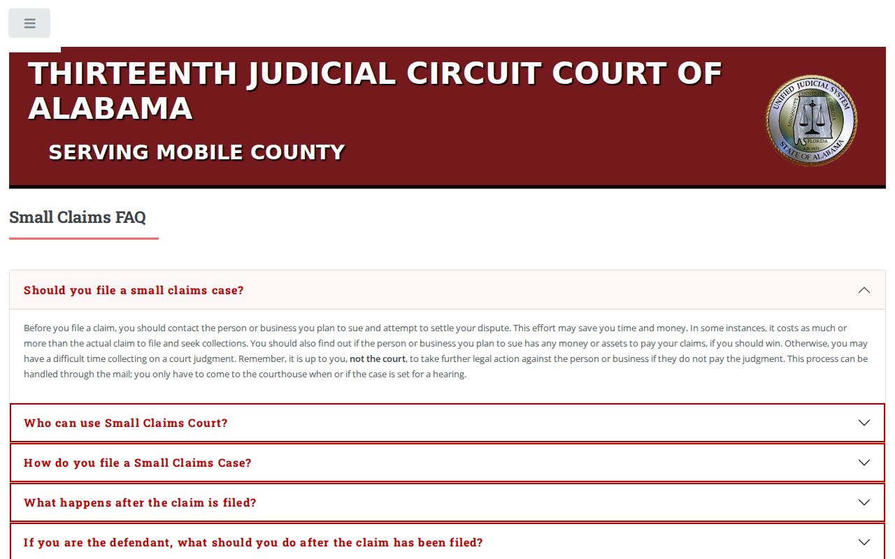 Mobile County civil docket Small Claims filing and hearing process
