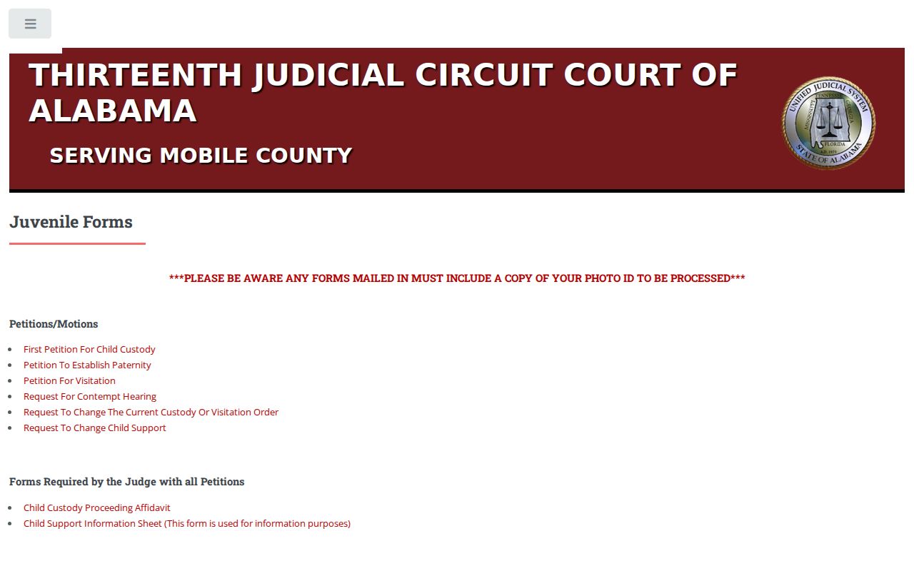 Mobile County court calendar juvenile court forms and access