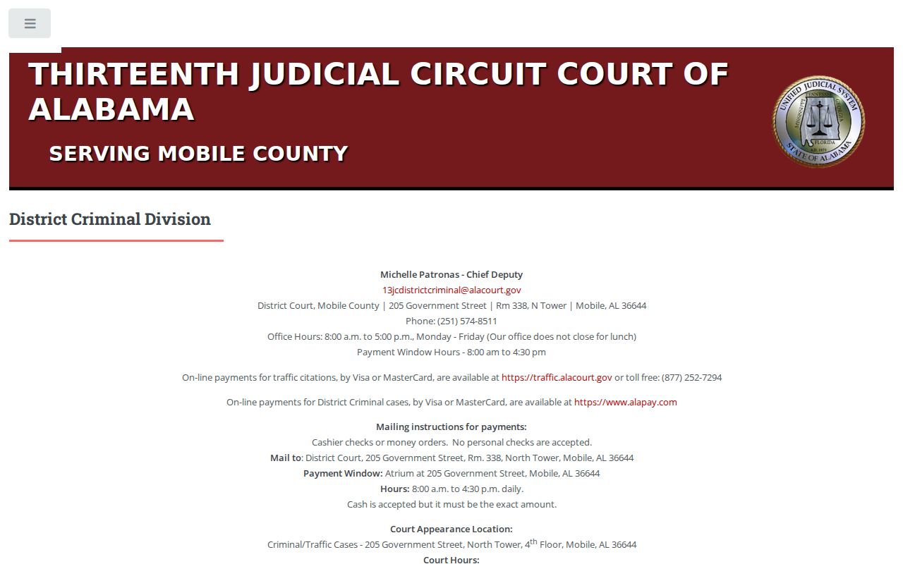Mobile County criminal docket District Criminal records counter